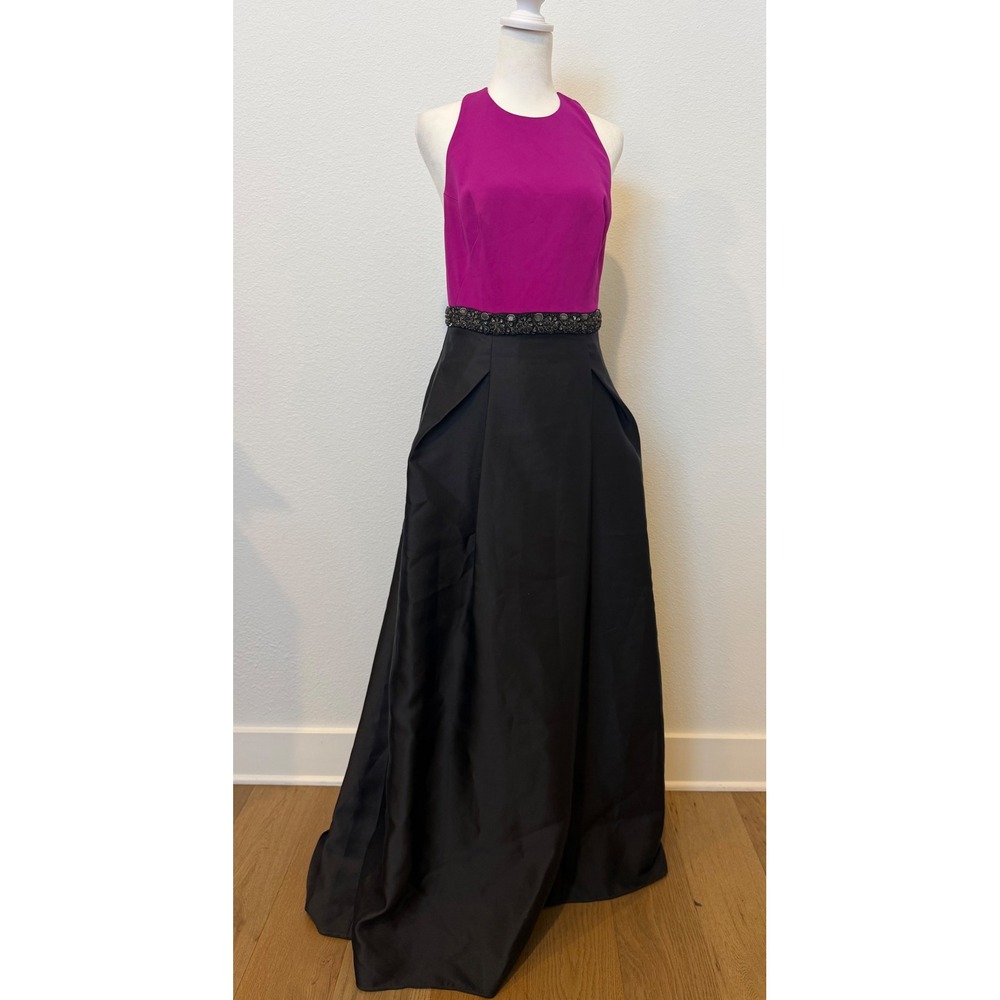 ML Monique Lhullier Gown 6 Fuchsia Black Beaded Open Back Formal Dress Wedding